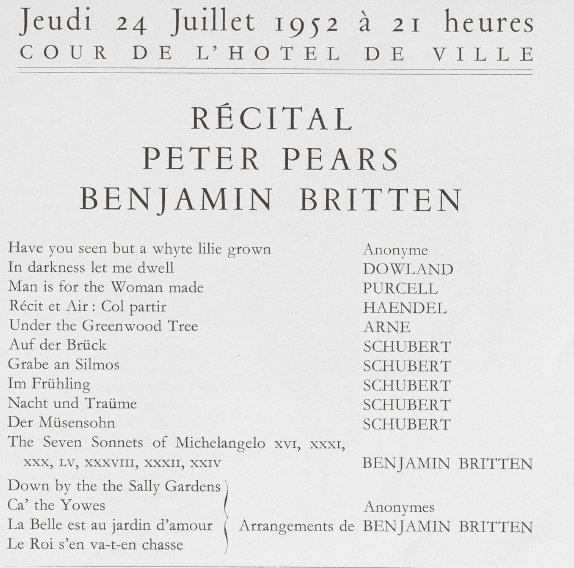 Programme de salle Benjamin Britten et Peter Pears — Festival d'Aix-en-Provence 1952
